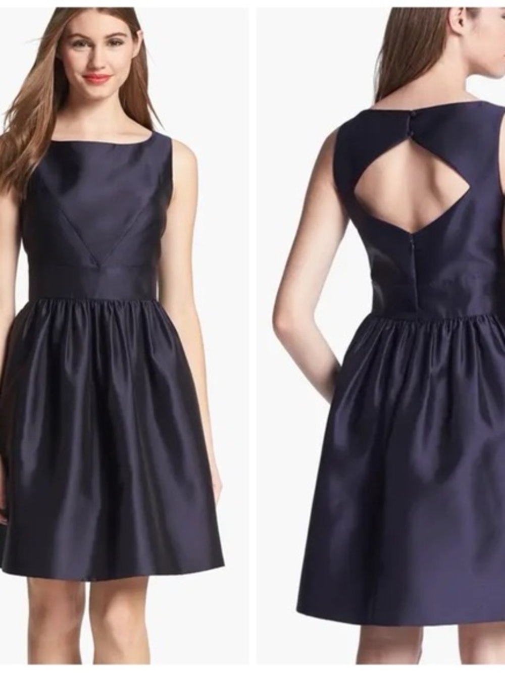 Eliza J Sleeveless Navy Satin Fit & Flare Dress with Keyhole Back & Pockets - 6